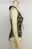 Sexy Solid Color Lace Lace Up Halter Skinny Bodysuits