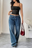 Sexy Solid Color Lace Lace Up Square Neck Tops