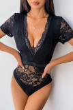 Sexy Solid Color Lace V Neck Skinny Bodysuits