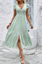 Elegant Solid Color Ruched Flounce V Neck A Line Dresses