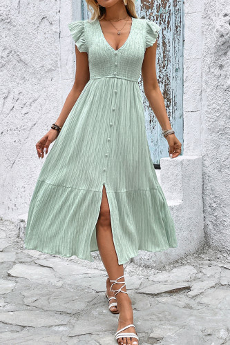 Elegant Solid Color Ruched Flounce V Neck A Line Dresses