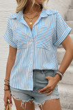 Casual Stripe Pocket Patchwork Turndown Collar Tops
