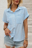 Casual Stripe Pocket Patchwork Turndown Collar Tops