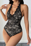 Sexy Solid Color Lace Lace Up Halter Skinny Bodysuits