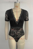 Sexy Solid Color Lace V Neck Skinny Bodysuits