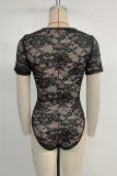 Sexy Solid Color Lace V Neck Skinny Bodysuits