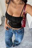 Sexy Solid Color Lace Lace Up Square Neck Tops