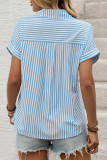 Casual Stripe Pocket Patchwork Turndown Collar Tops