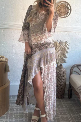 Casual Floral Print Slit Flounce O Neck Irregular Dresses