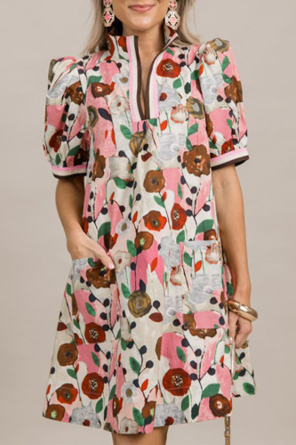 Casual Floral Print Pocket Contrast V Neck Printed Dresses