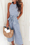 Fashion Street Striped Frenulum O Neck Straight Jumpsuits