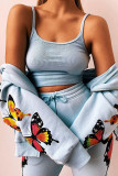 Fashion Casual Butterfly Print Hooded Collar Long Sleeve Two Pieces