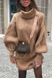 Fashion Casual Solid Split Joint Turtleneck Long Sleeve Dress Dresses