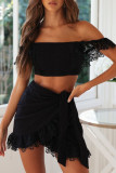 Fashion Street Solid Split Joint Strapless Short Sleeve Two Pieces