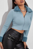 Fashion Solid Split Joint Turndown Collar Tops