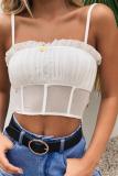 One word collar Sleeveless ruffle Solid perspective Patchwork Mesh Tank Tops & Camis