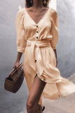 Elegant Solid Split Joint Buckle With Belt V Neck A Line Dresses