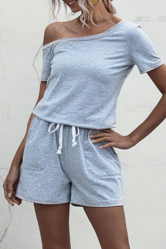 Fashion Casual Solid Draw String Oblique Collar Loose Rompers