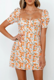 Elegant Floral Buttons Square Collar A Line Dresses