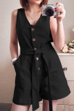 Fashion Casual Solid With Belt V Neck Loose Rompers