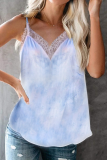 Casual Tie Dye Lace Backless V Neck Tops