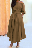 Fashion Elegant Solid With Belt Oblique Collar Waist Skirt Dresses