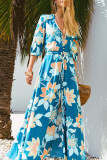 Fashion Vacation Print Split Joint V Neck Waist Skirt Dresses
