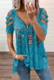 Casual Print Hollowed Out Zipper V Neck T-Shirts