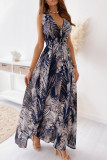 Fashion Sweet Print Split Joint V Neck A Line Dresses