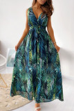 Fashion Sweet Print Split Joint V Neck A Line Dresses