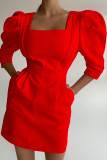Fashion Casual Solid Split Joint Square Collar A Line Dresses
