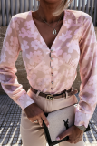 Elegant Print Split Joint Buckle V Neck Tops