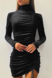Fashion Elegant Solid Draw String Turtleneck Wrapped Skirt Dresses