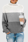 Casual Patchwork Contrast Turtleneck Tops