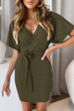 Fashion Elegant Solid Split Joint With Belt V Neck Wrapped Skirt Dresses