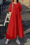 Casual Solid Patchwork Buttons O Neck Cake Skirt Dresses
