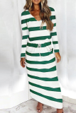 Casual Striped Draw String Pocket V Neck Dresses