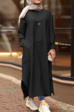 Casual Vintage Solid Buttons Slit O Neck Dresses