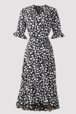 Fashion Elegant Floral Frenulum Flounce Slit V Neck A Line Dresses