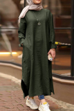 Casual Vintage Solid Buttons Slit O Neck Dresses