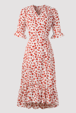 Fashion Elegant Floral Frenulum Flounce Slit V Neck A Line Dresses