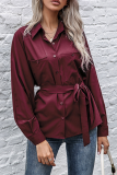Elegant Solid Buckle With Belt POLO collar Tops