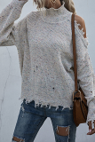 Casual Solid Ripped Turtleneck Tops Sweater
