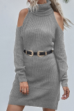 Elegant Solid Split Joint Without Belt Turtleneck A Line Dresses
