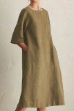 Casual Solid Split Joint Pocket O Neck A Line Dresses