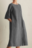Casual Solid Split Joint Pocket O Neck A Line Dresses