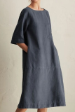 Casual Solid Split Joint Pocket O Neck A Line Dresses