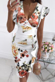 Fashion Street Print Patchwork V Neck Pencil Skirt Dresses