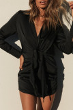Fashion Street Solid Split Joint Turndown Collar Wrapped Skirt Dresses