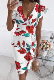 Fashion Street Print Patchwork V Neck Pencil Skirt Dresses